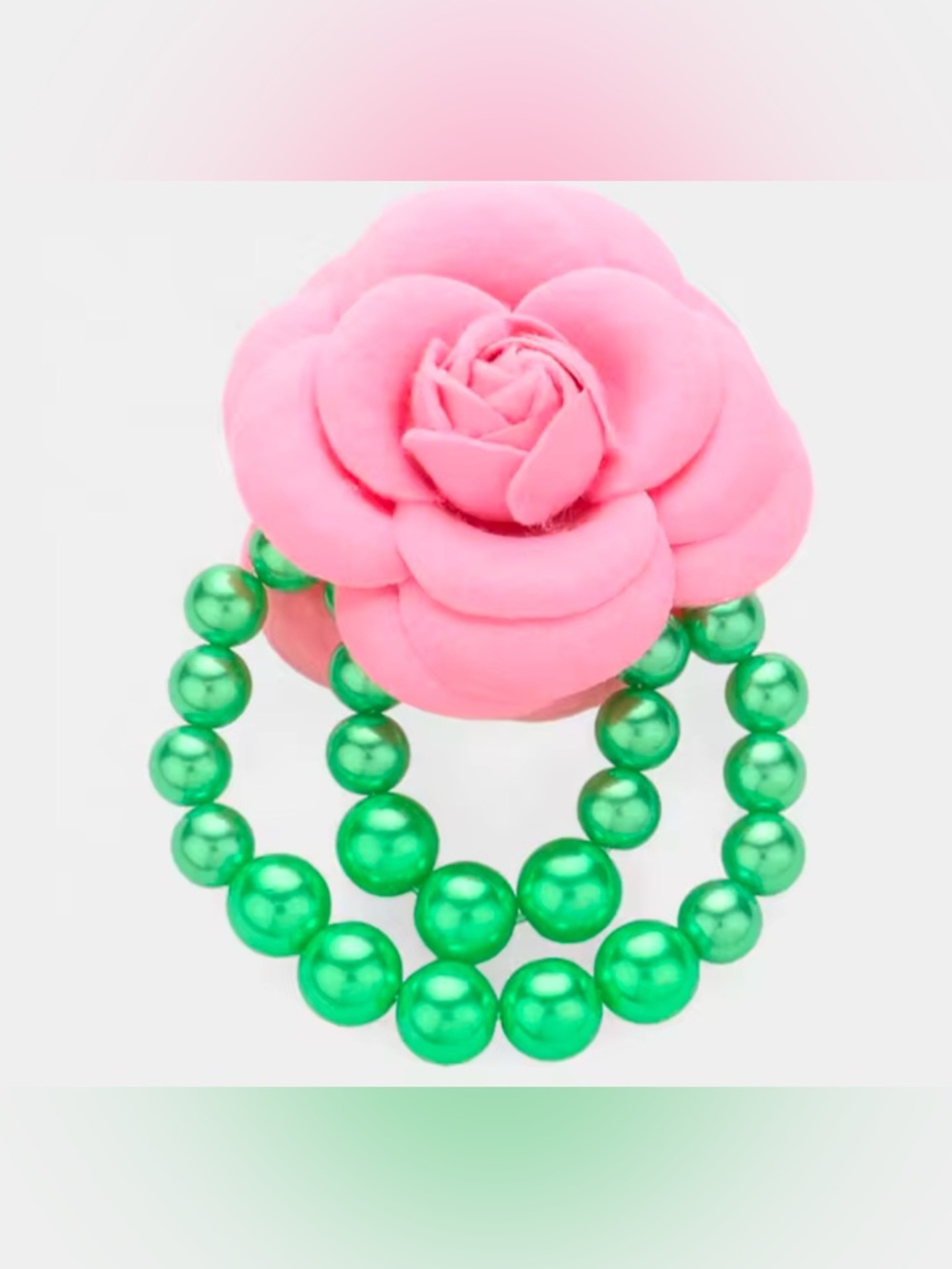 Pink Camellia Flower Ring with Green Beaded Pin Brooch